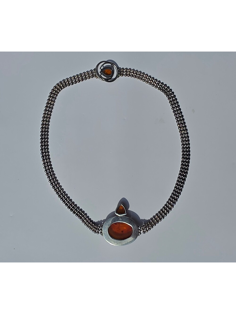 925 Sterling Silver Amber Cabochon Mesh Choker Necklace 15" Vintage